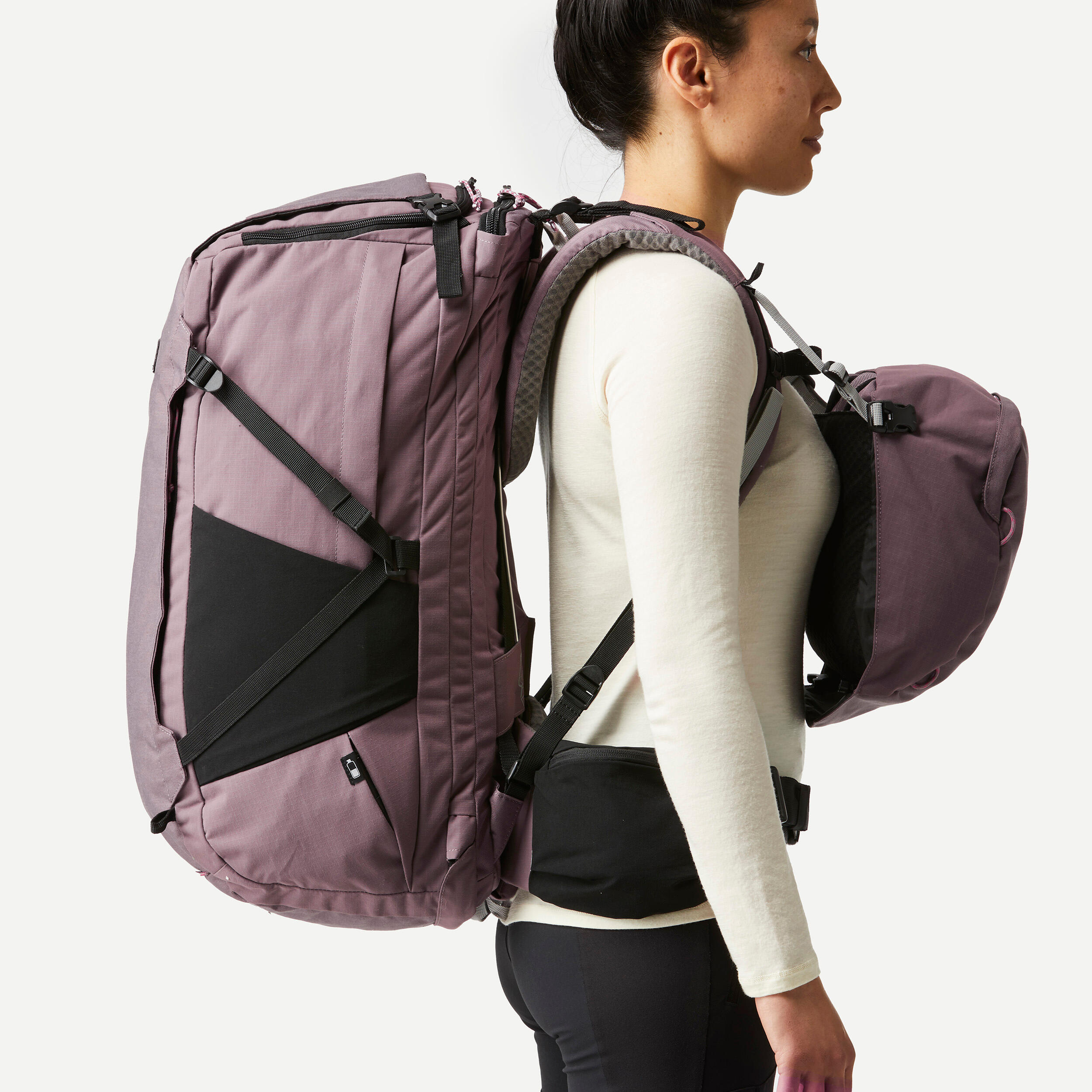 sac-de-voyage-a-dos-327bzm.jpg Sac à dos de voyage ouverture valise 60+6L femme, Travel 900 marron – Image 1